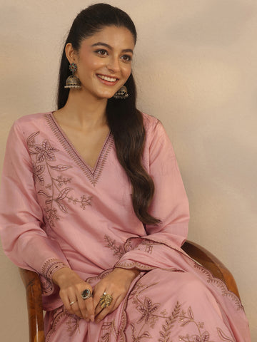 Pink Embroidered Chanderi Cotton Straight Suit Set With Dupatta