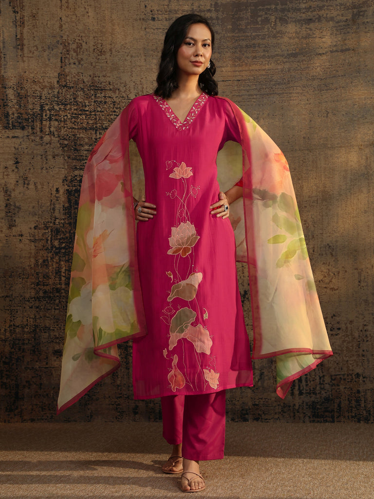 Libas Pink Embroidered Chanderi Cotton Straight Suit Set With Dupatta