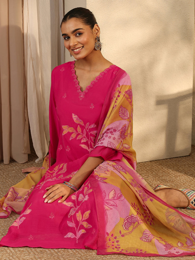 Libas Pink Embroidered Chanderi Cotton Straight Suit Set With Dupatta