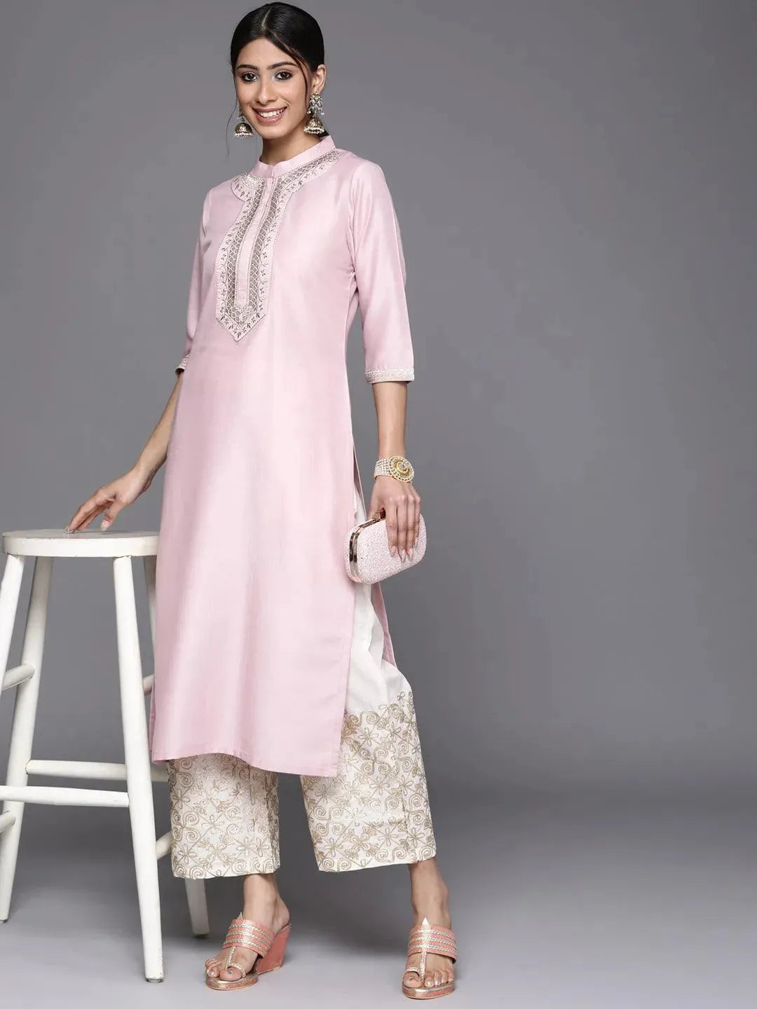 Pink Embroidered Chanderi Silk Kurta - Libas 