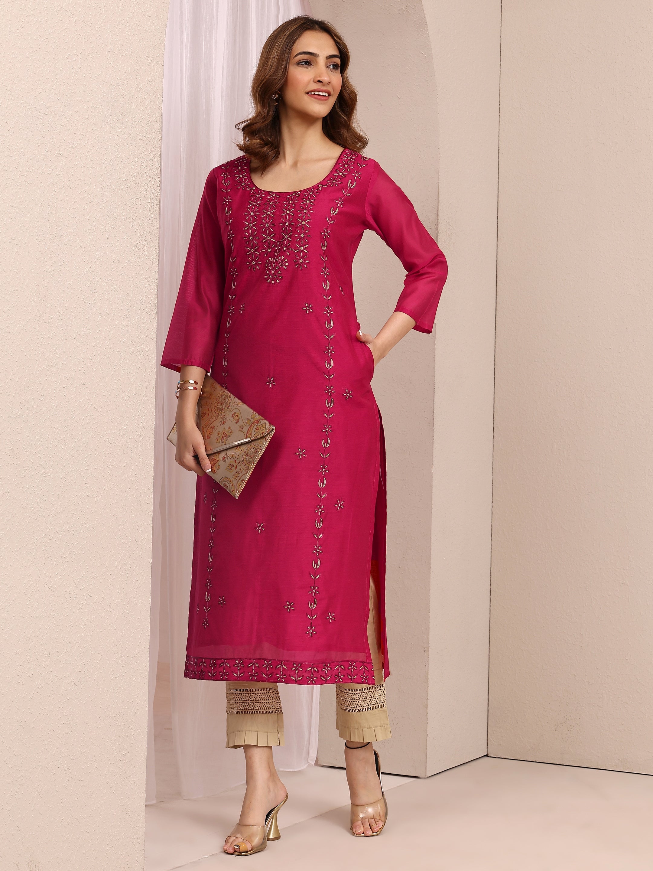 libas Pink Embroidered Chanderi Silk Straight Kurta-picture-22