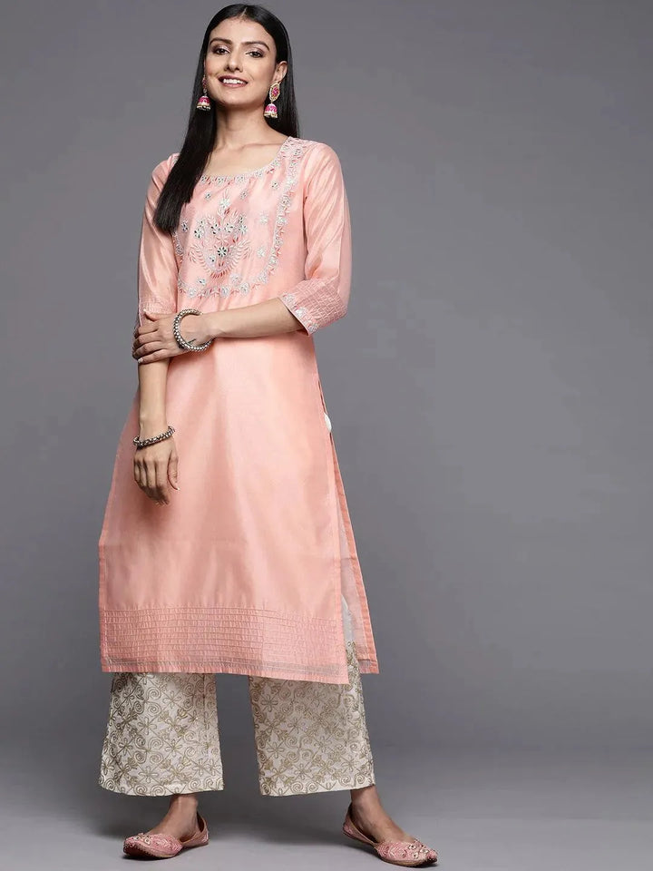 Pink Embroidered Chanderi Silk Straight Kurta - Libas