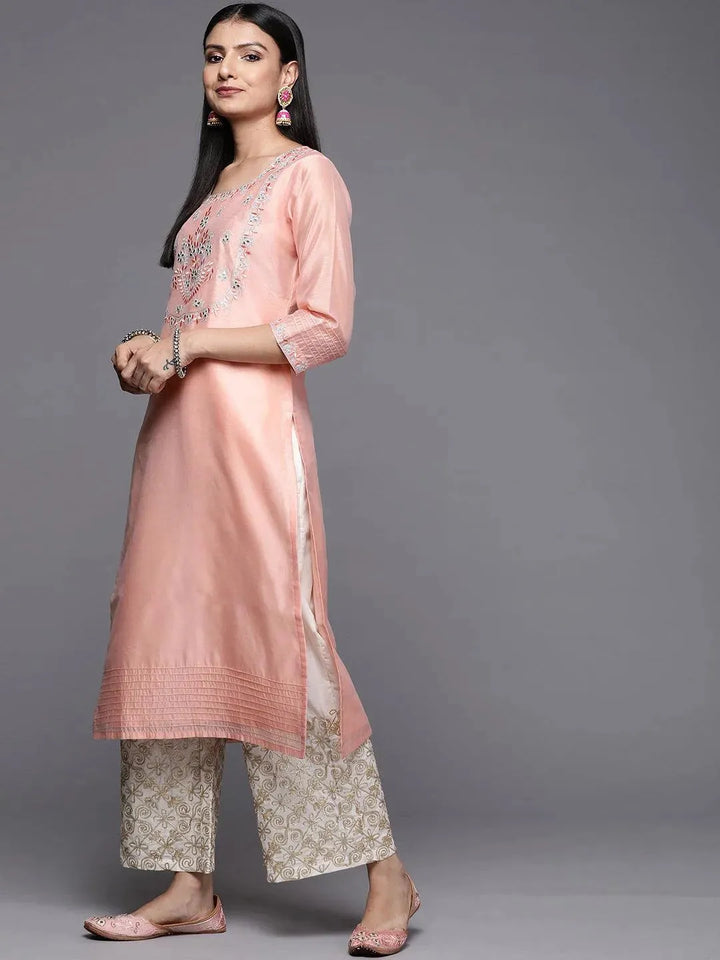 Pink Embroidered Chanderi Silk Straight Kurta - Libas
