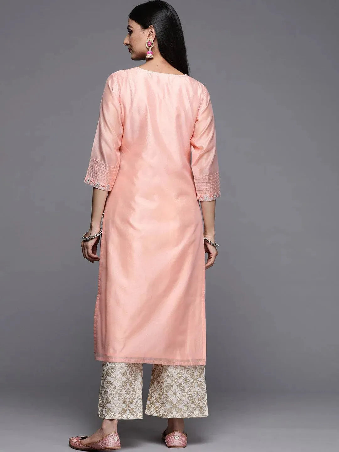 Pink Embroidered Chanderi Silk Straight Kurta - Libas 