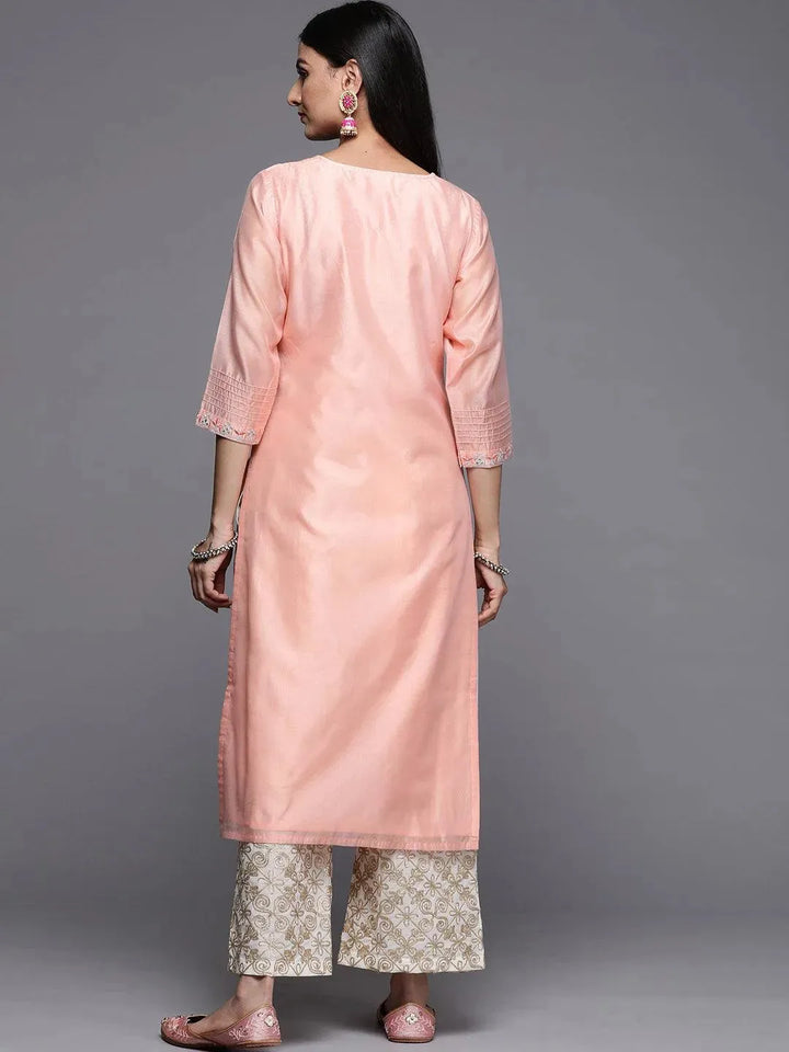 Pink Embroidered Chanderi Silk Straight Kurta - Libas
