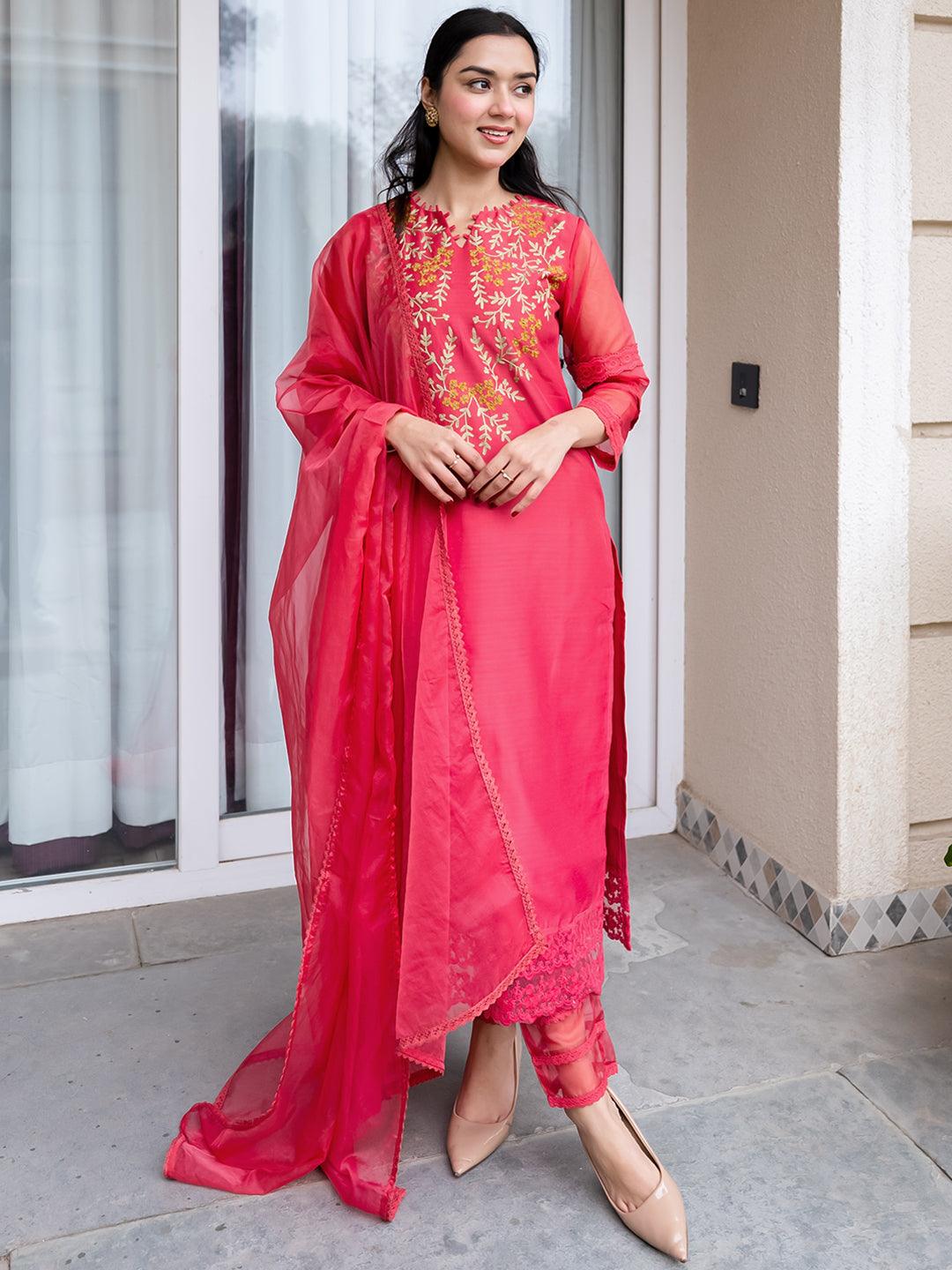 Pink Embroidered Chanderi Silk Straight Suit Set - Libas