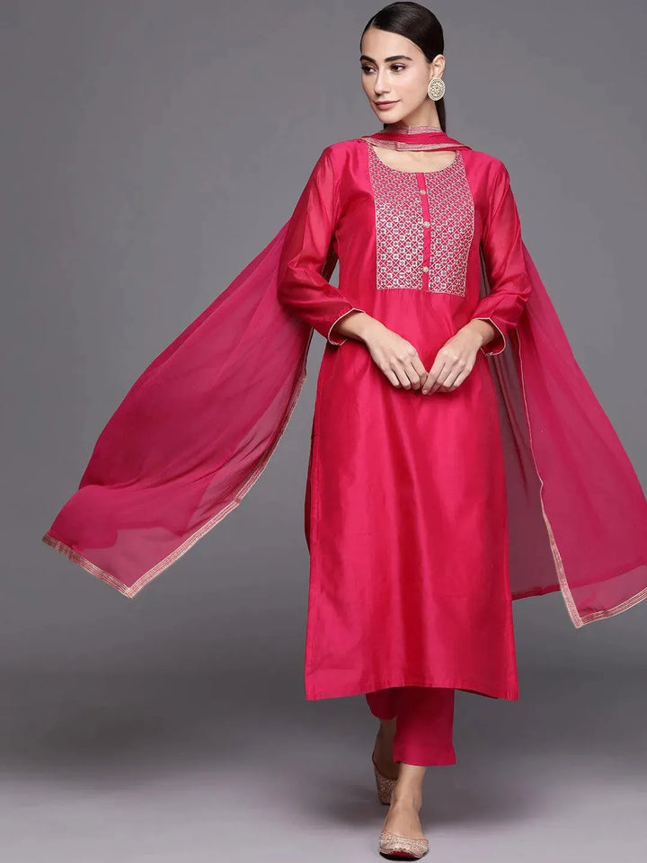 Pink Embroidered Chanderi Silk Suit Set - Libas