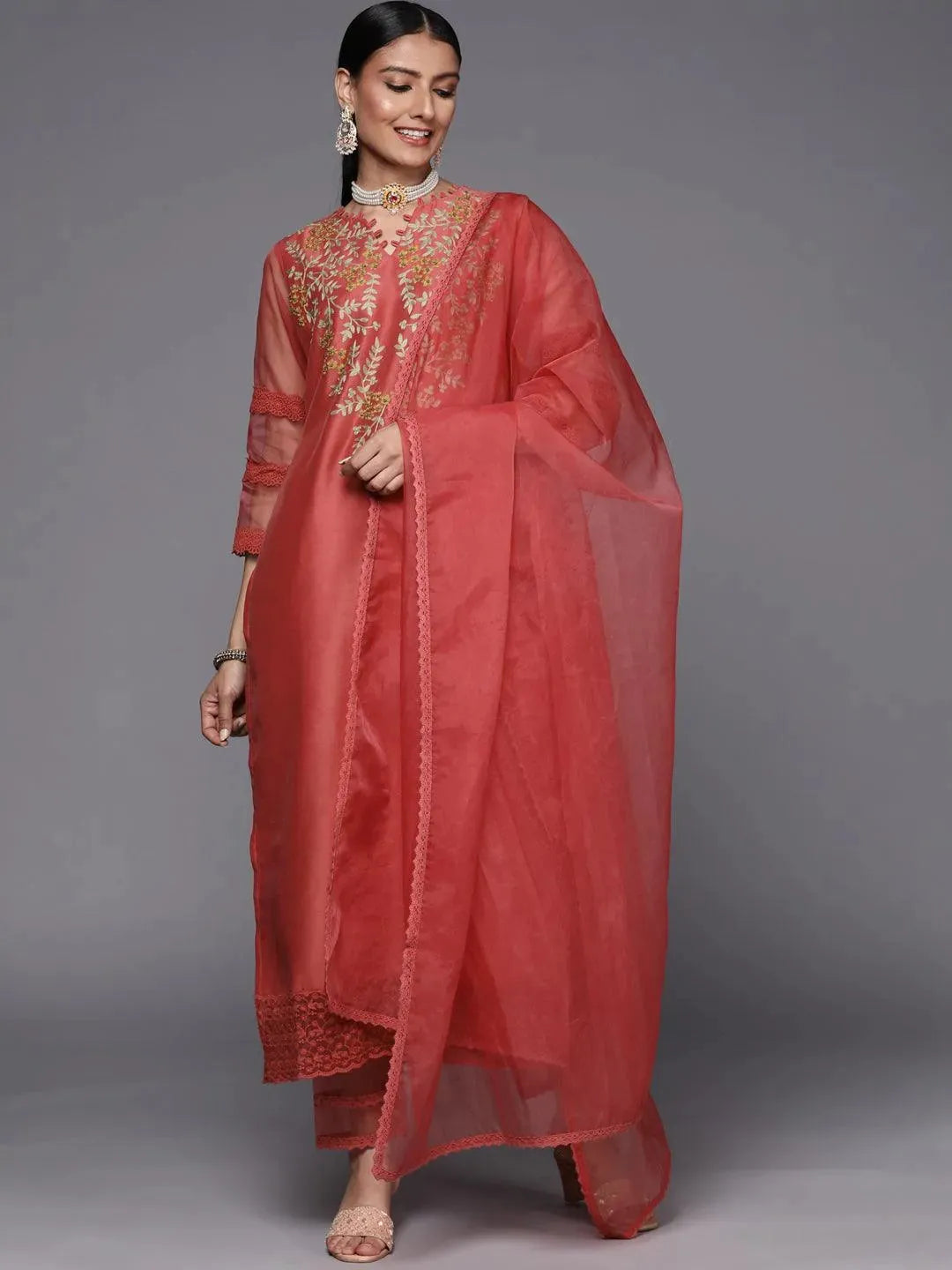 Pink Embroidered Chanderi Silk Straight Suit Set - Libas 