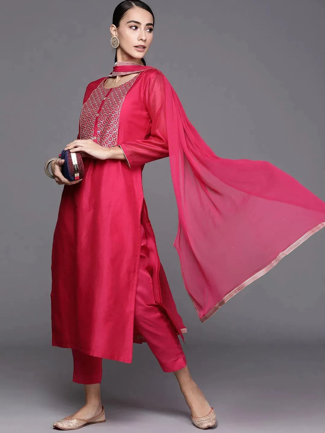 Pink Embroidered Chanderi Silk Suit Set - Libas