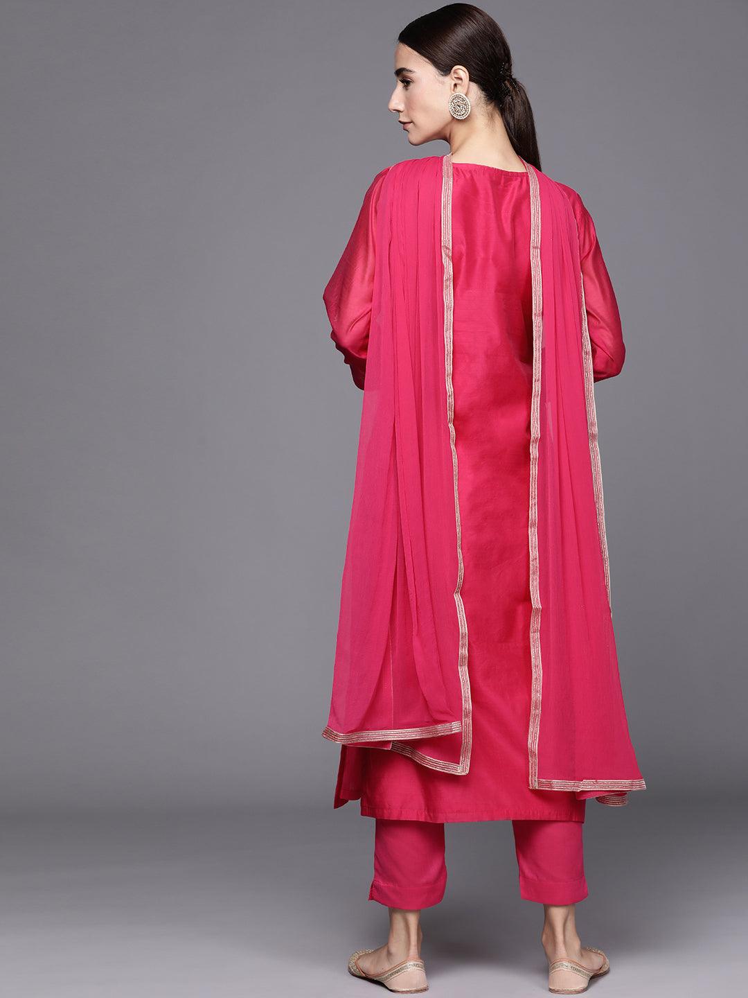 Pink Embroidered Chanderi Silk Straight Kurta With Dupatta