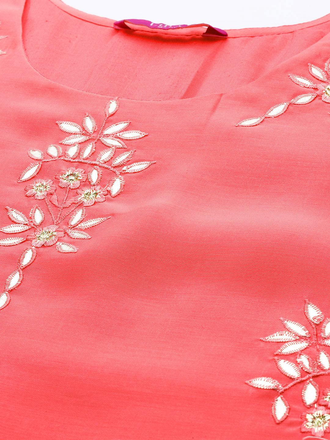 Pink Embroidered Chanderi Silk Straight Kurta With Palazzos & Dupatta