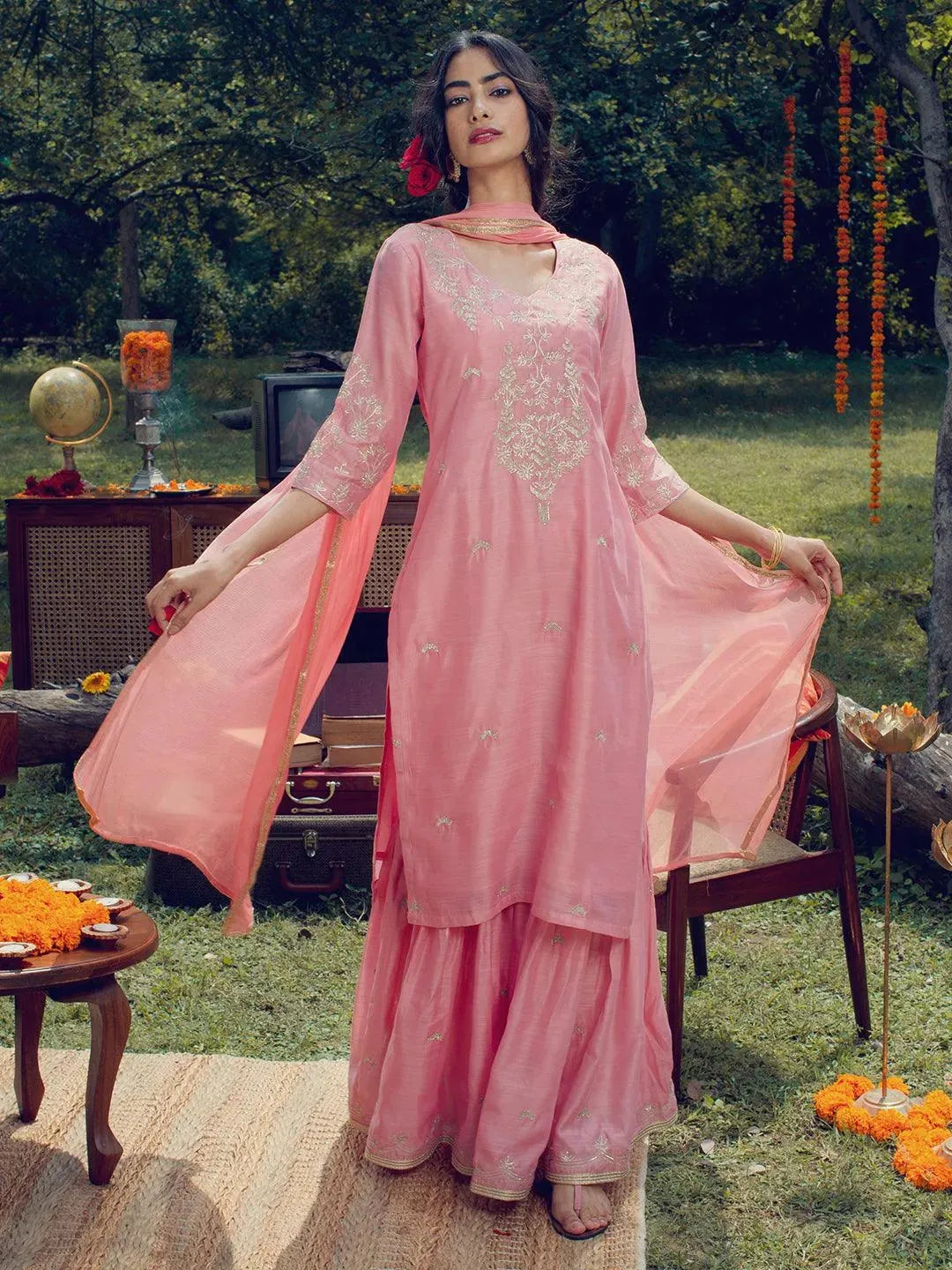 Pink Embroidered Chanderi Silk Suit Set - Libas