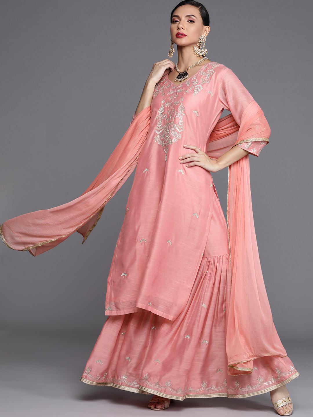 Pink Embroidered Chanderi Silk Suit Set - Libas