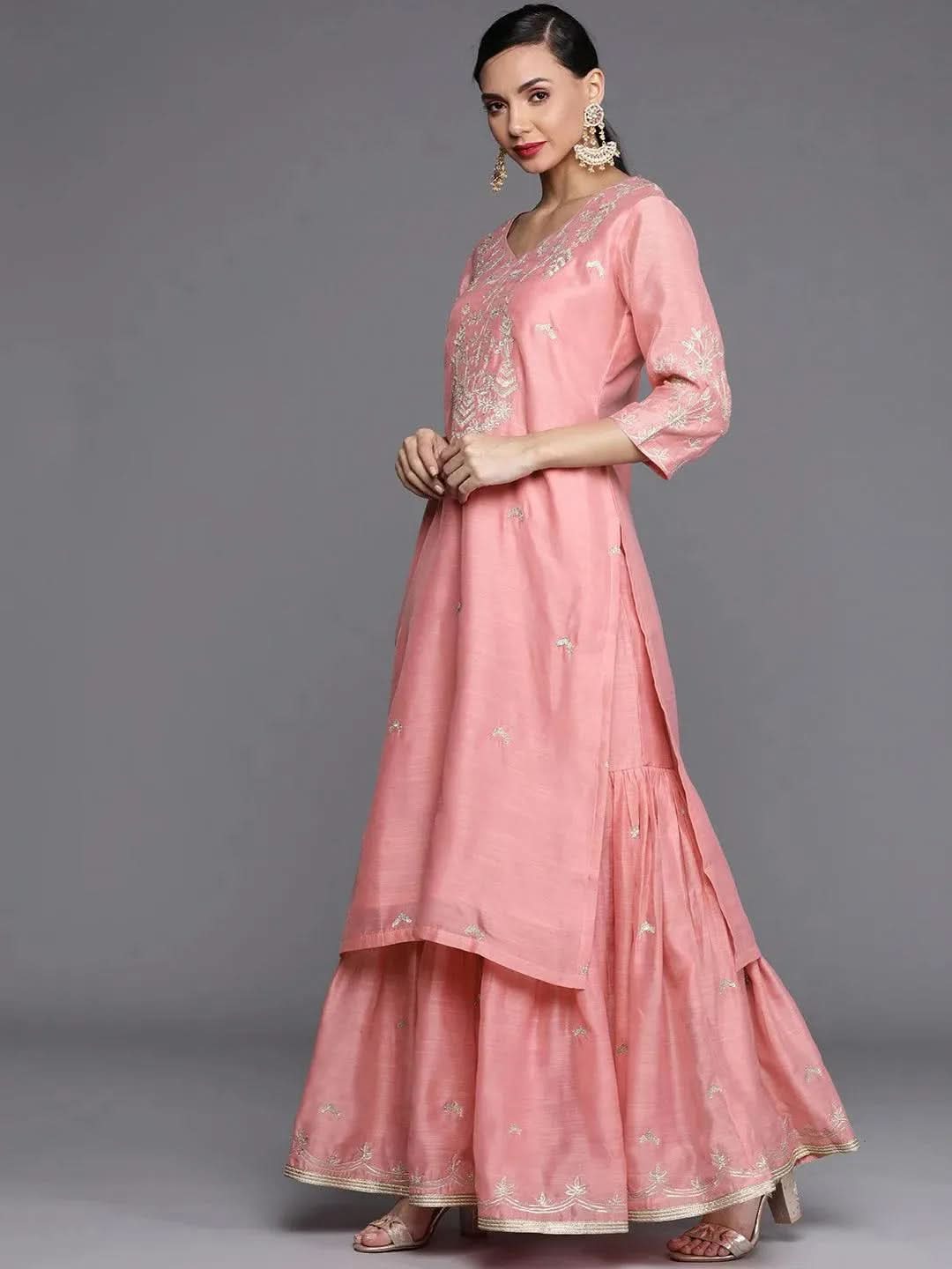 

Pink Embroidered Chanderi Silk Straight Kurta With Sharara & Dupatta
