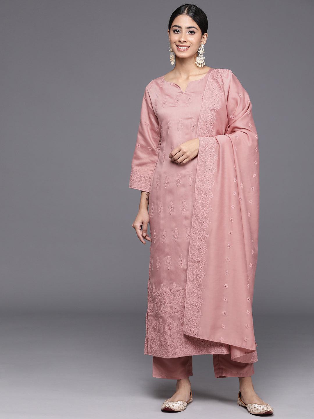 Pink Embroidered Chanderi Silk Straight Kurta With Trousers & Dupatta - Libas