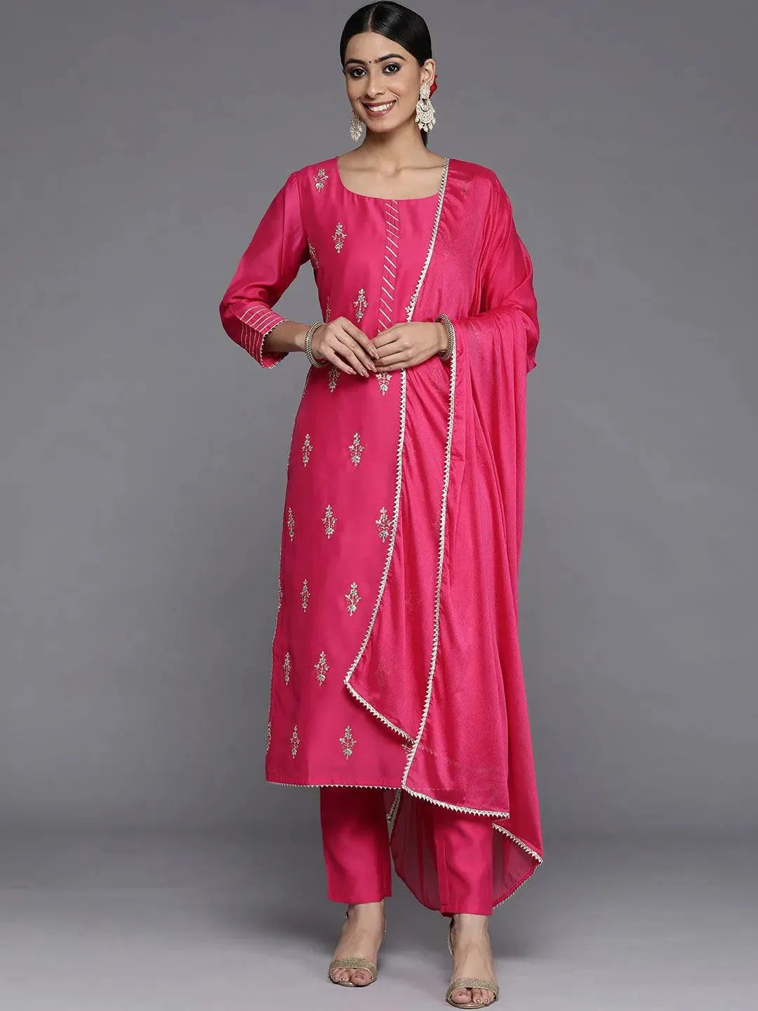 Pink Embroidered Chanderi Silk Straight Suit Set - Libas