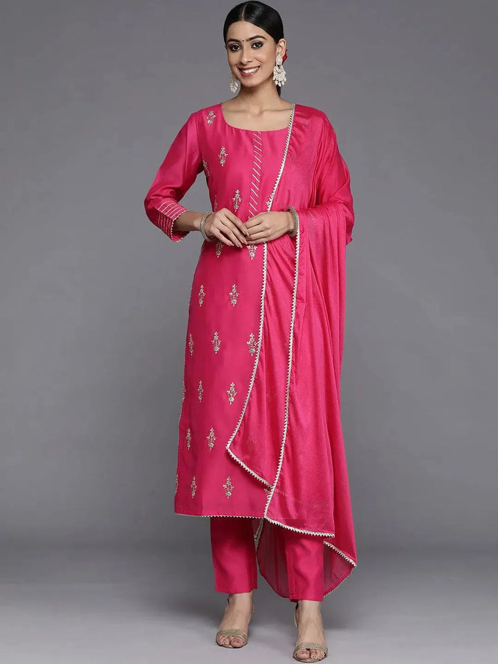 Pink Embroidered Chanderi Silk Straight Suit Set - Libas