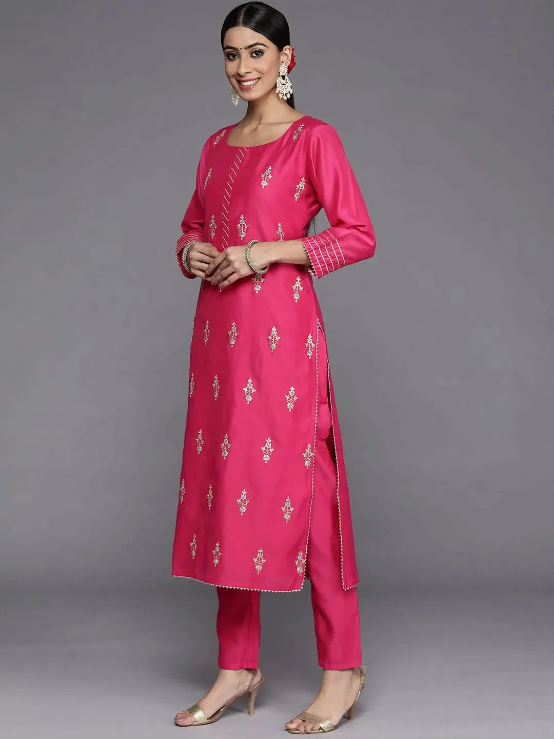 Pink Embroidered Chanderi Silk Straight Suit Set - Libas