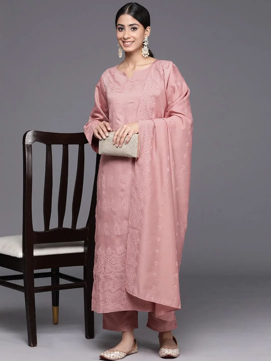 Pink Embroidered Chanderi Silk Straight Kurta With Trousers & Dupatta - Libas 