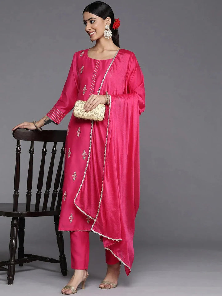 Pink Embroidered Chanderi Silk Straight Suit Set - Libas