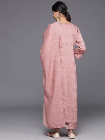 Pink Embroidered Chanderi Silk Straight Kurta With Trousers & Dupatta - Libas