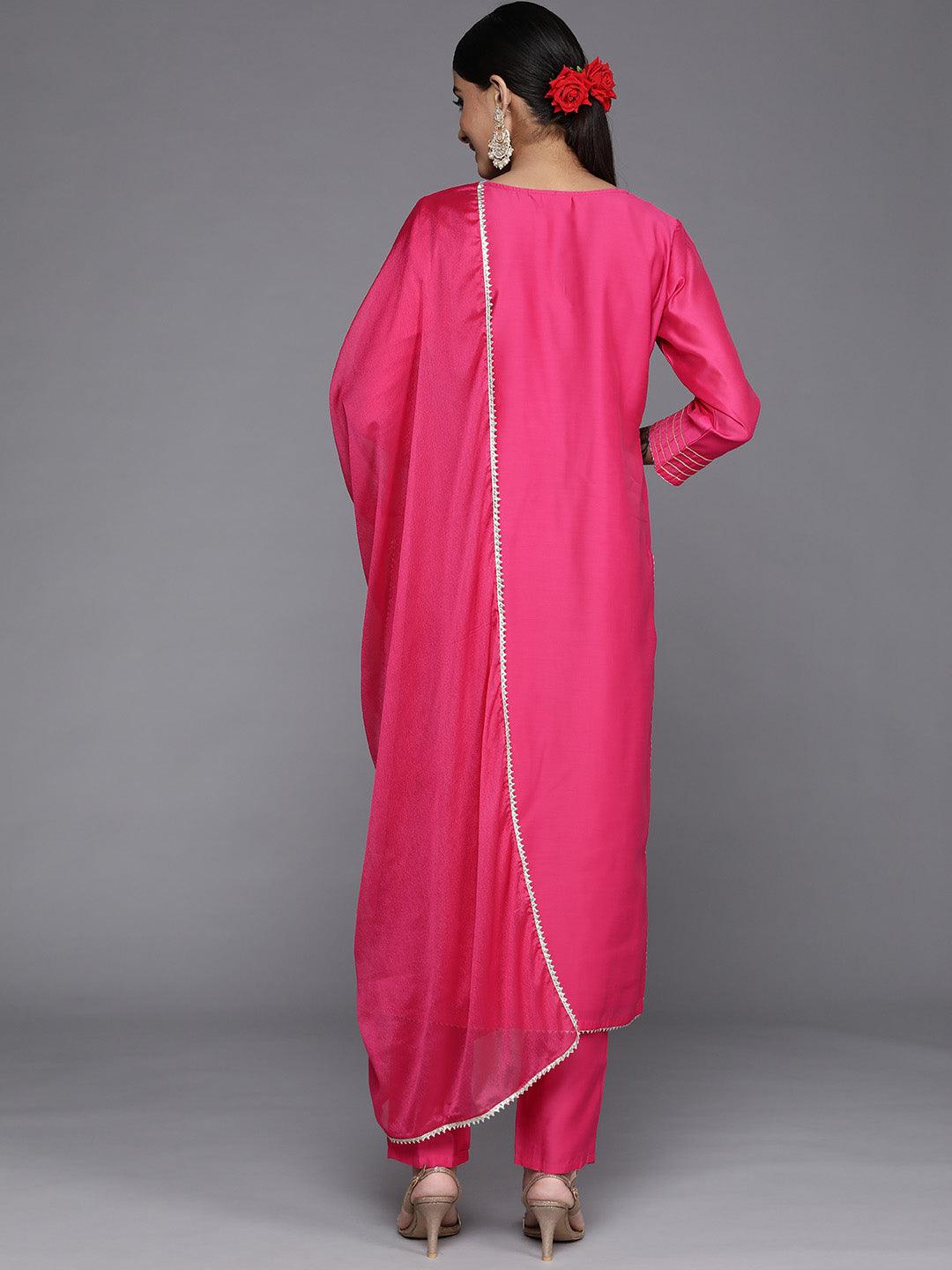 Pink Embroidered Chanderi Silk Straight Suit Set - Libas