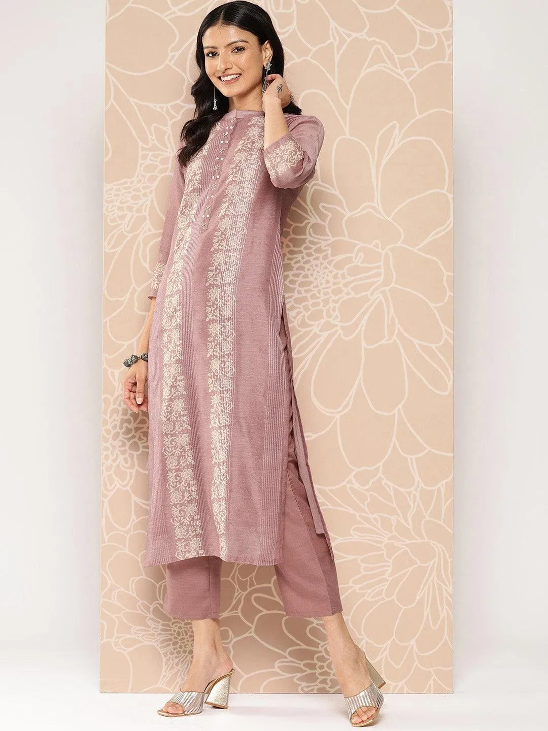 Pink Embroidered Chanderi Silk Straight Kurta With Trousers - Libas 