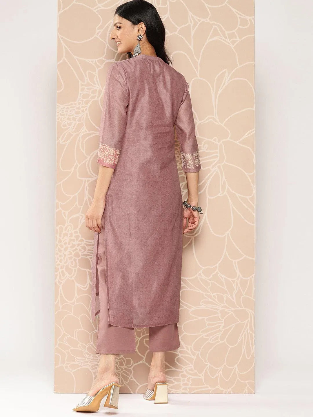 Pink Embroidered Chanderi Silk Straight Kurta With Trousers - Libas 