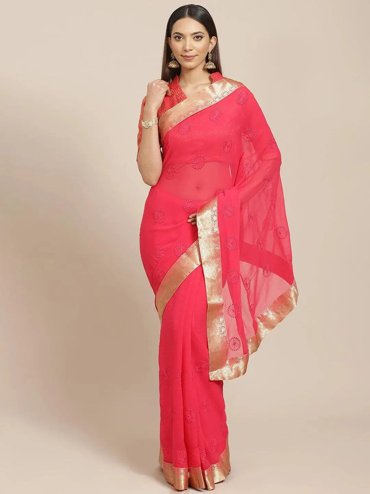 Pink Embroidered Chiffon Saree - Libas