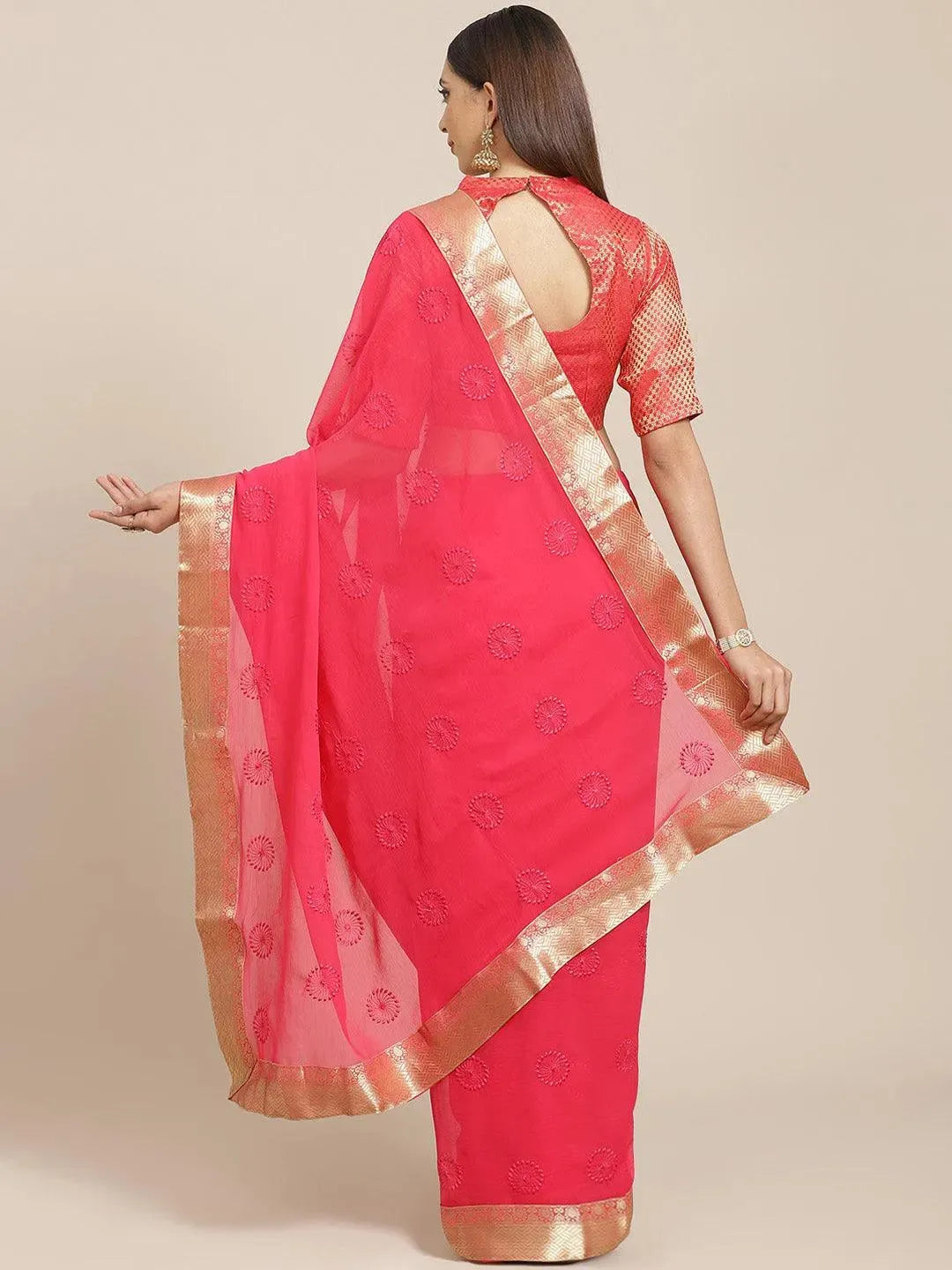 Pink Embroidered Chiffon Saree - Libas 