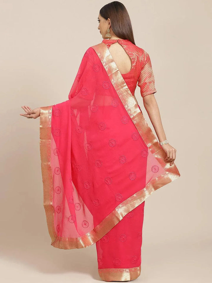 Pink Embroidered Chiffon Saree - Libas