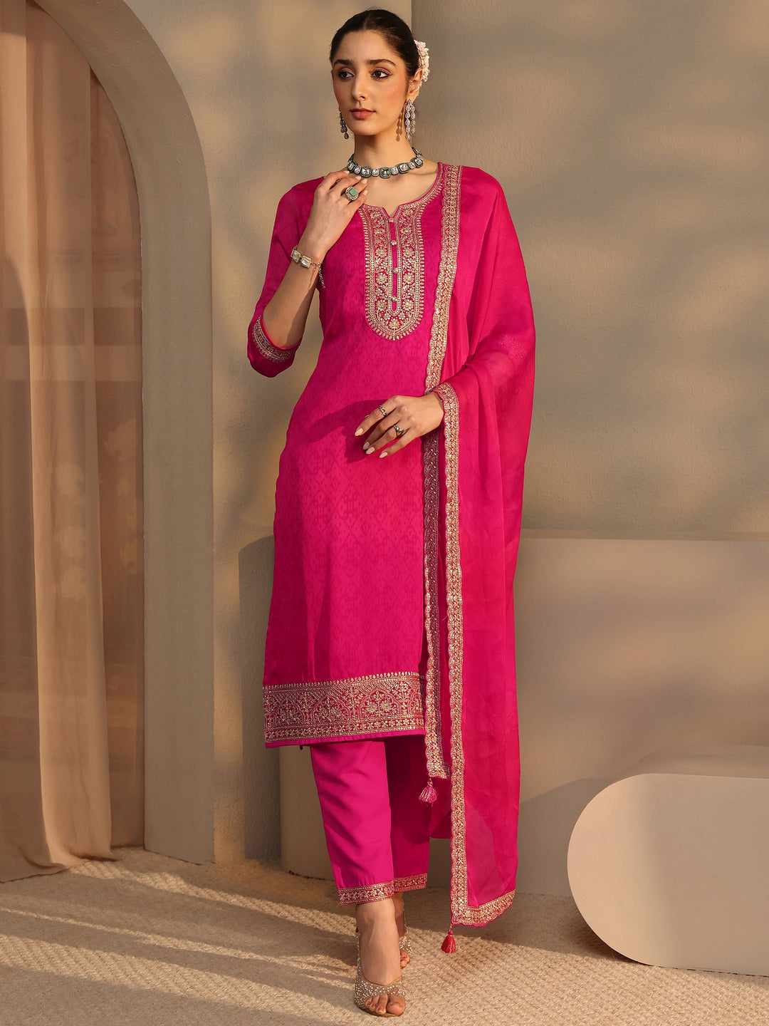 Pink Embroidered Chiffon Straight Suit Set With Dupatta
