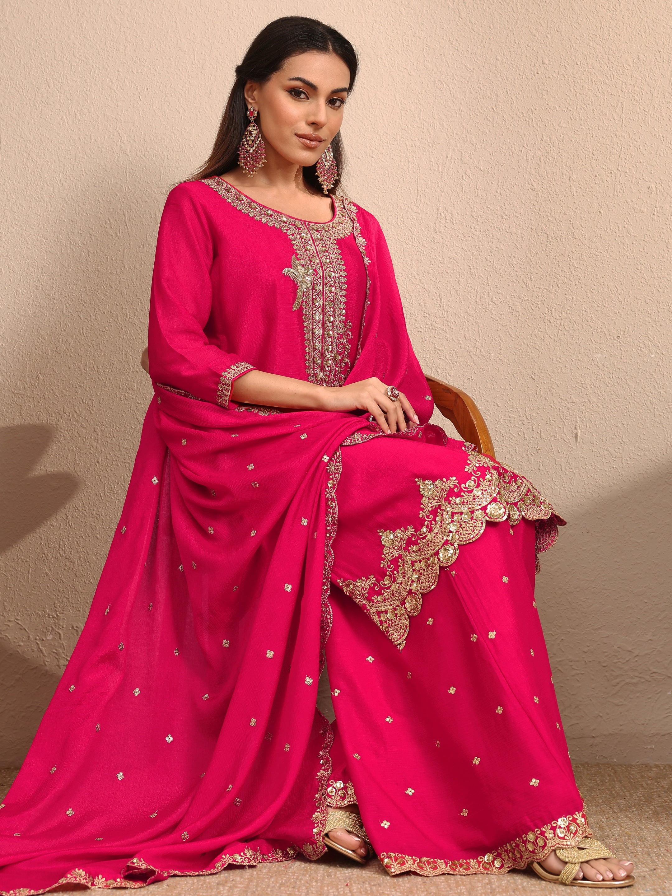 libas Pink Embroidered Chinon Straight Suit Set With Dupatta-picture-55