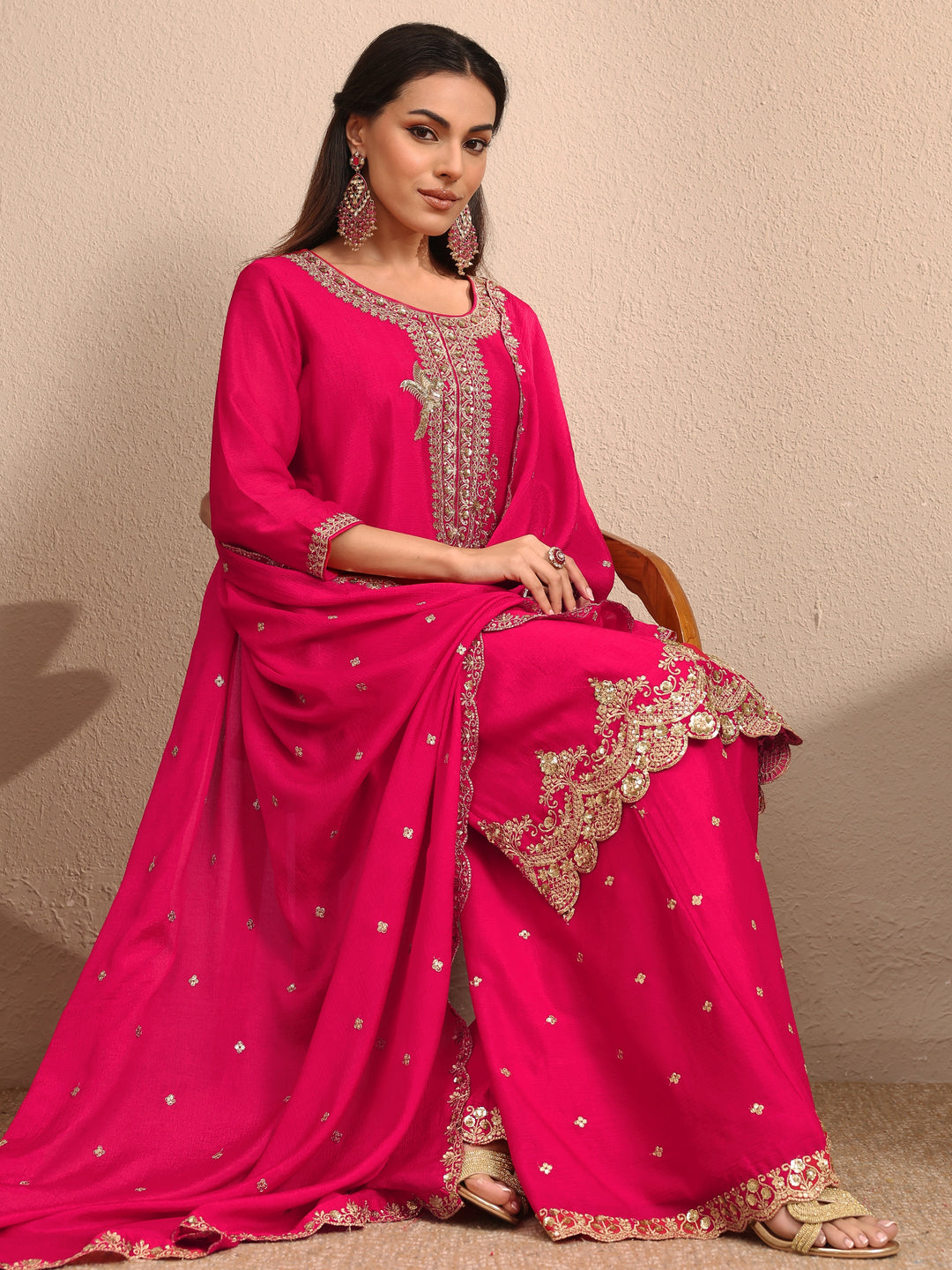 Pink Embroidered Chinon Straight Suit Set With Dupatta
