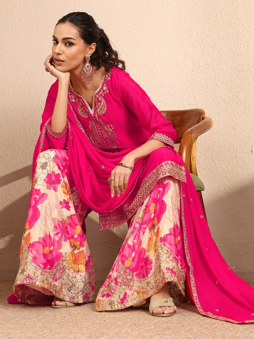 Pink Embroidered Chinon Straight Suit Set With Dupatta