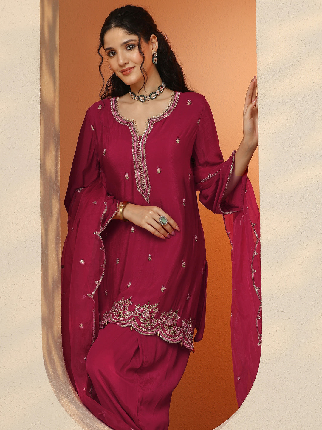 Pink Embroidered Chinon Straight Suit Set With Dupatta