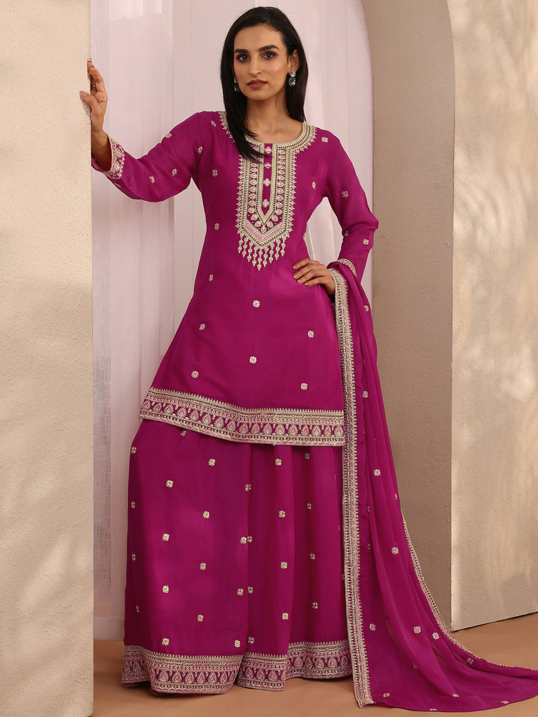 Libas Pink Embroidered Chinon Straight Suit Set With Dupatta