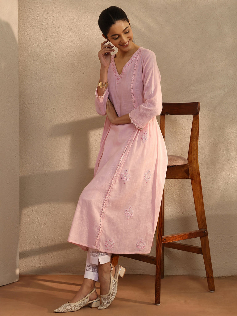 Libas Pink Embroidered Cotton A-Line Kurta