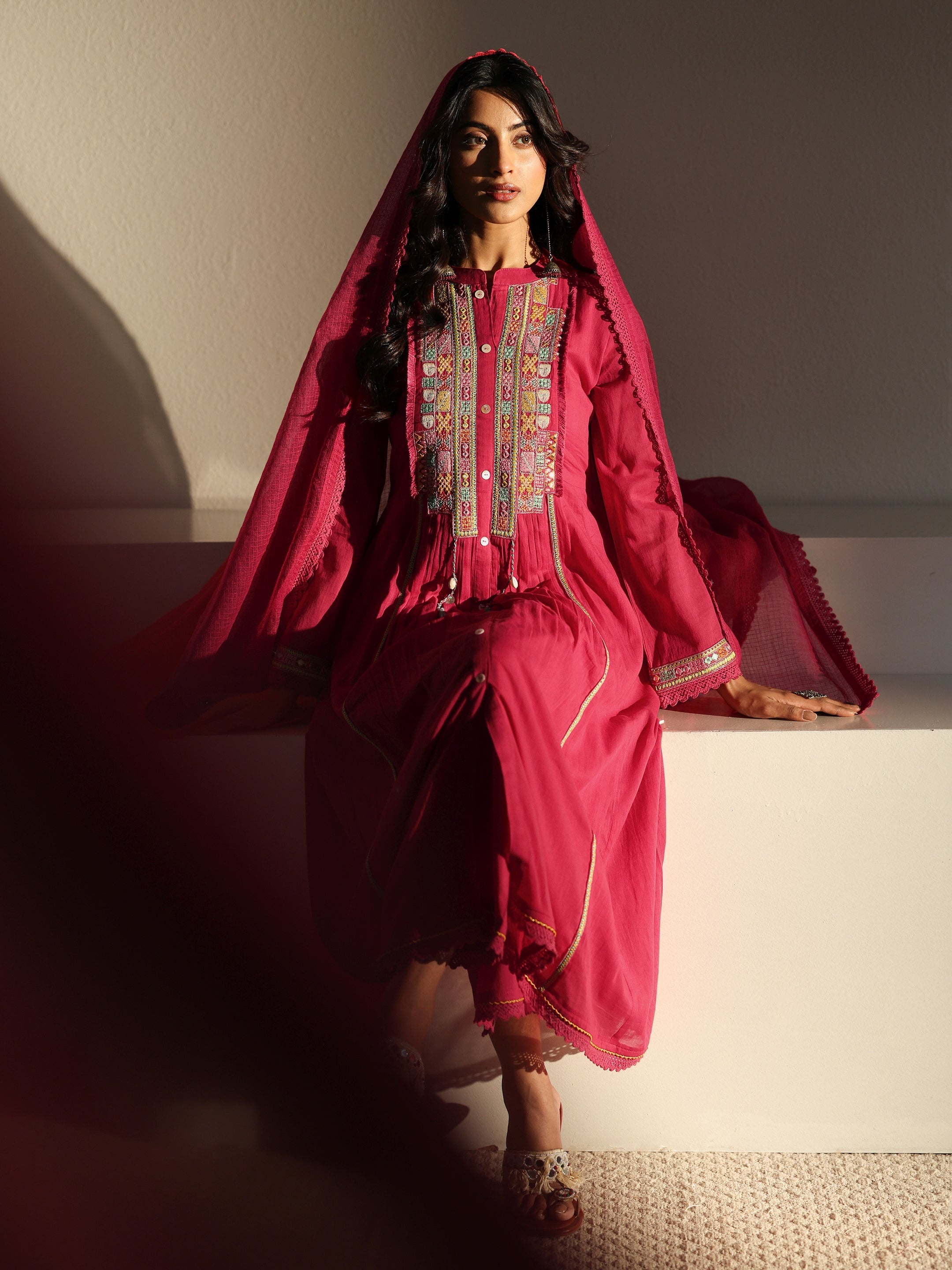 Pink Embroidered Cotton A-Line Suit Set With Dupatta-image-48