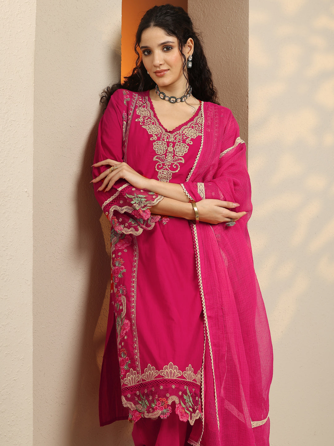 Pink Embroidered Cotton Blend Straight Suit Set With Dupatta