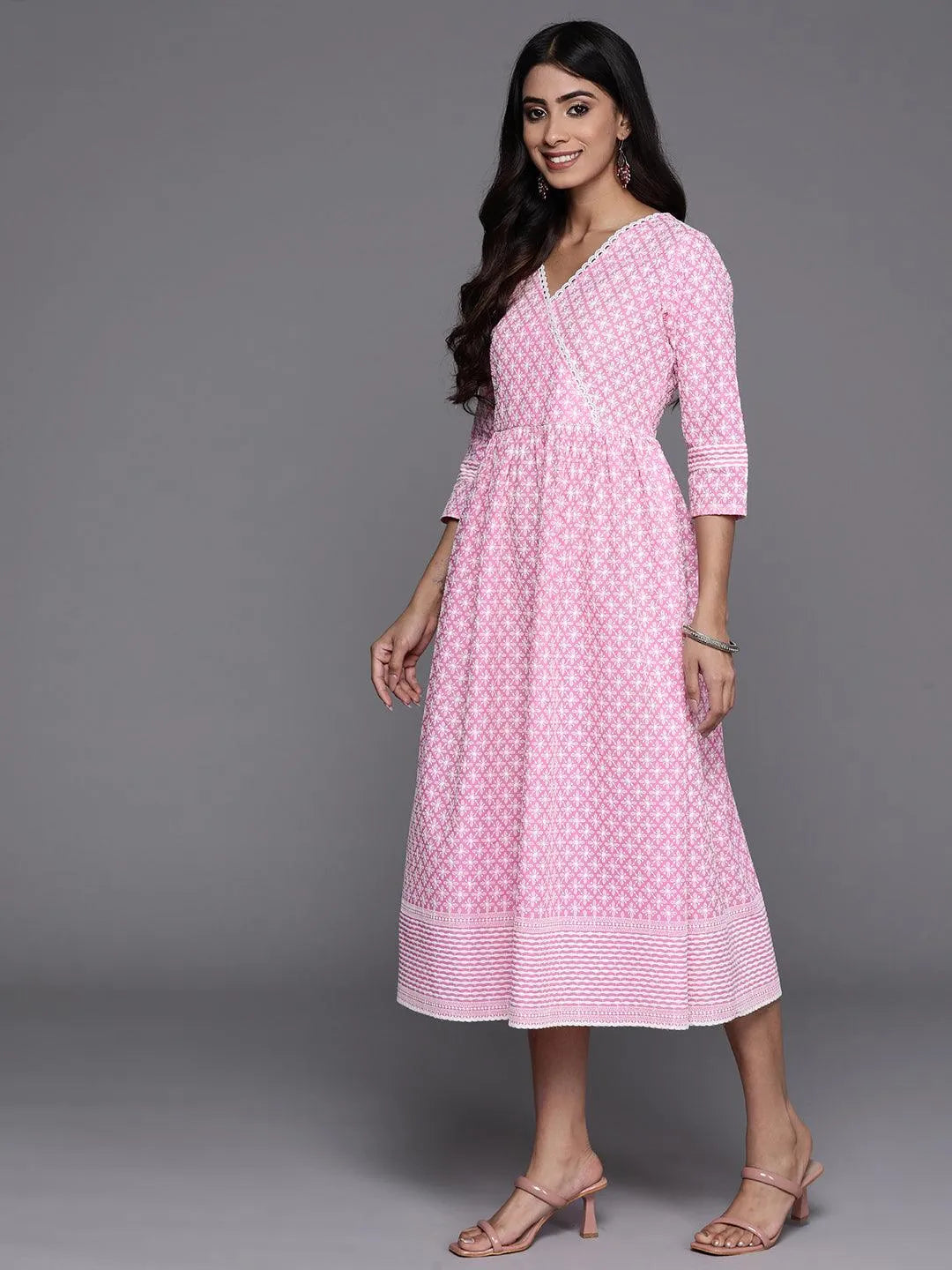 Pink Printed Cotton Fit and Flare Dress - Libas