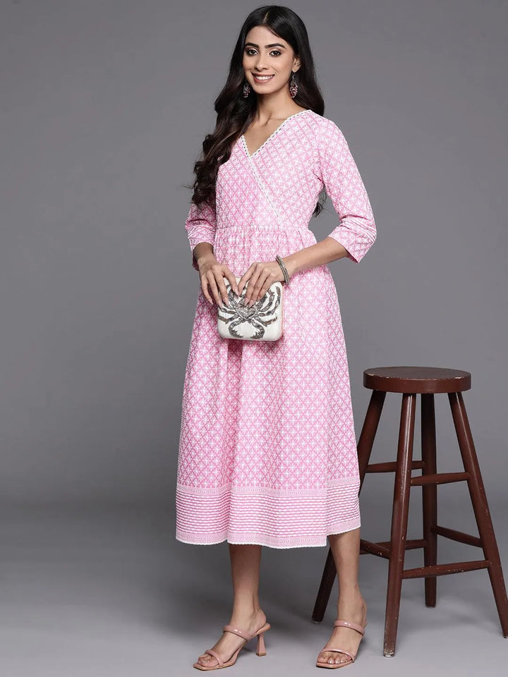 Pink Printed Cotton Fit and Flare Dress - Libas