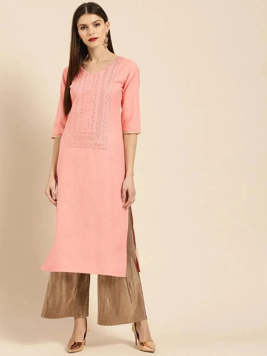 Pink Embroidered Cotton Kurta - Libas