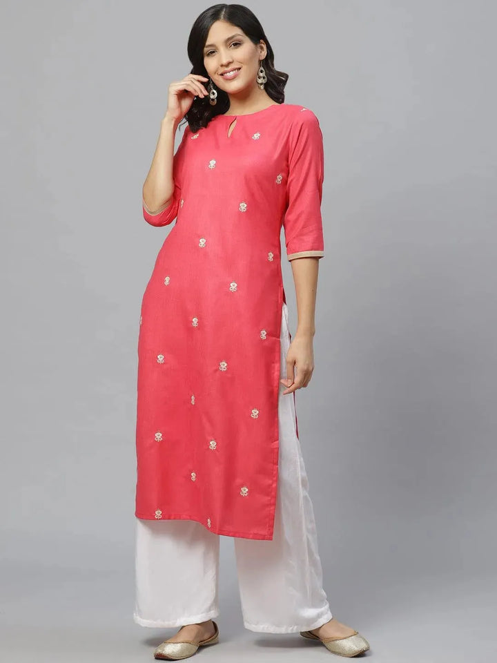 Pink Embroidered Cotton Kurta - Libas