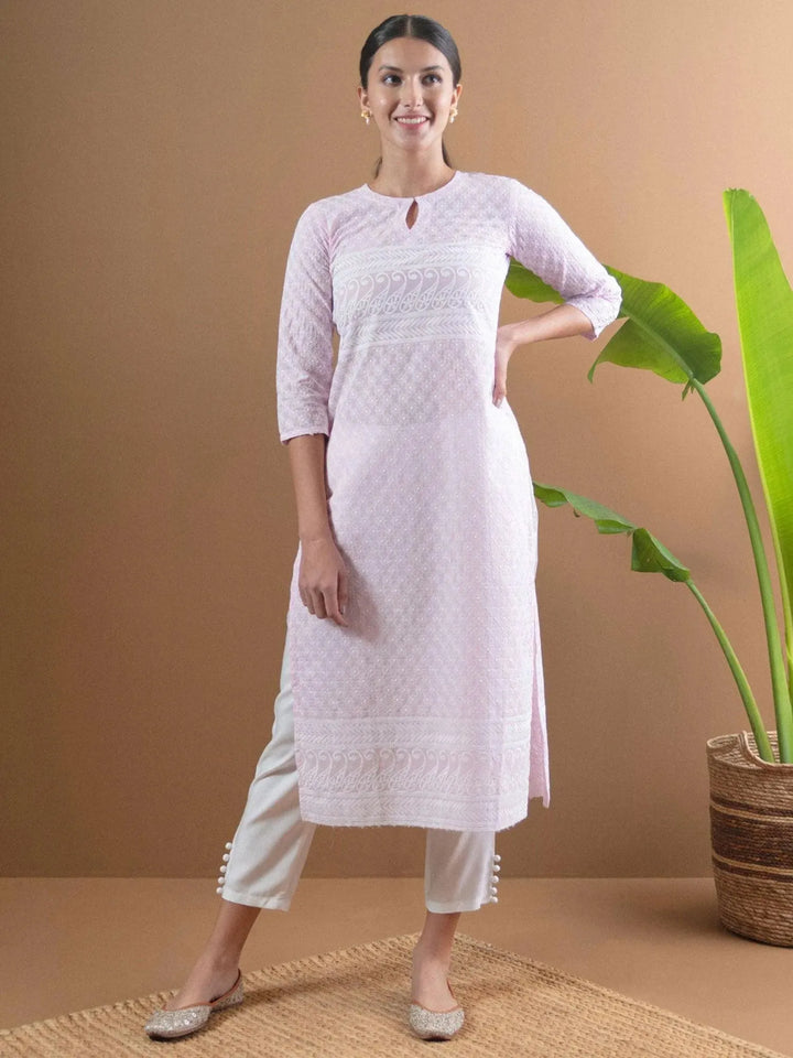 Pink Embroidered Cotton Kurta - Libas