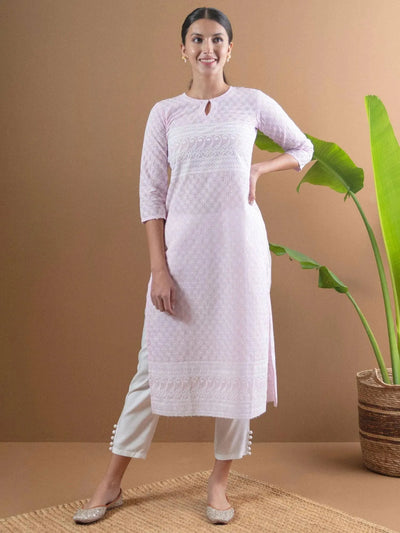 Pink Embroidered Cotton Kurta - Libas