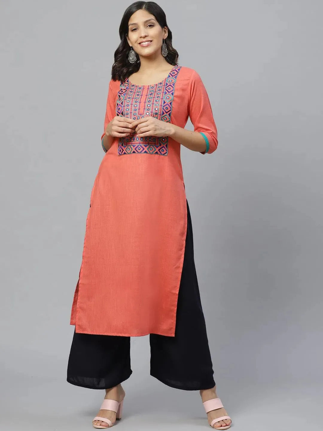 Pink Embroidered Cotton Kurta - Libas