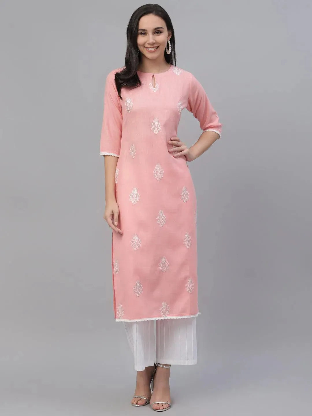 Pink Embroidered Cotton Kurta - Libas 