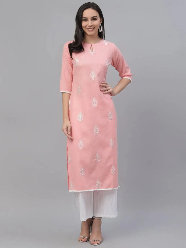 Pink Embroidered Cotton Kurta - Libas