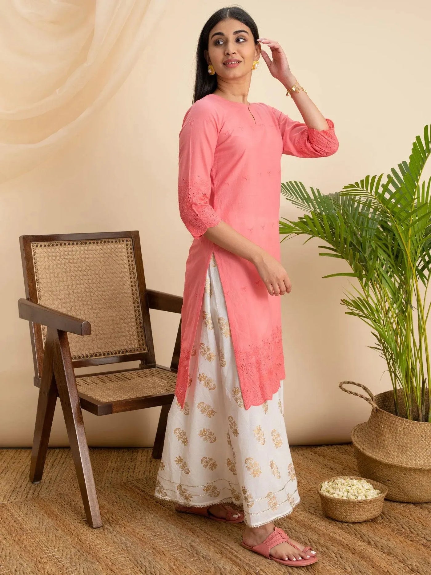 Pink Embroidered Cotton Kurta - Libas